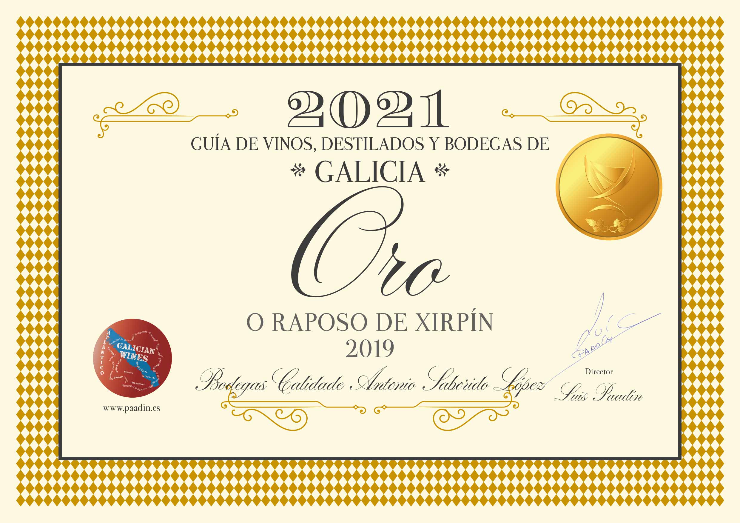 O Raposo de Xirpín 2019 - Medalla de Oro por la Guía de vinos, destilados y bodegas de Galicia